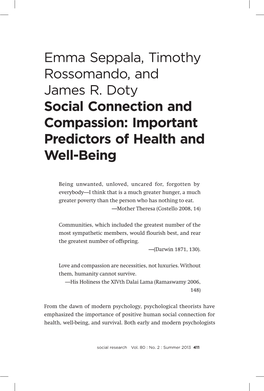 Social Connection and Compassion: Important Predictors of Health and Well-Being