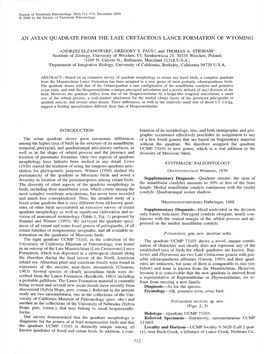 An Avian Quadrate from the Late Cretaceous Lance Formation of Wyoming