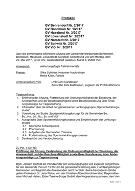 Protokoll GV Behrendorf Nr. 2/2017 GV Bondelum Nr. 1/2017 GV Haselund Nr. 3/2017 GV Löwenstedt Nr. 3/2017 GV Norstedt Nr. 3/20