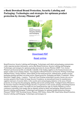 Brand Protection, Security Labeling and Packaging: Technologies and Strategies for Optimum Product Protection by Jeremy Plimmer Pdf