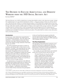 The Decision to Exclude Agricultural and Domestic Workers from the 1935 Social Security Act by Larry Dewitt*