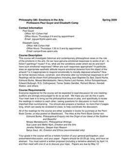 Philosophy 585: Emotions in the Arts Spring 2009 Professors Paul Guyer and Elisabeth Camp