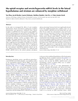 Mu Opioid Receptor and Orexin/Hypocretin Mrna Levels in the Lateral Hypothalamus and Striatum Are Enhanced by Morphine Withdrawal