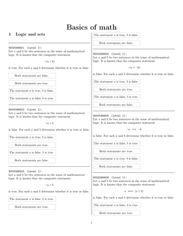 Basics of Math 1 Logic and Sets the Statement a Is True, B Is False