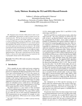 Lucky Thirteen: Breaking the TLS and DTLS Record Protocols