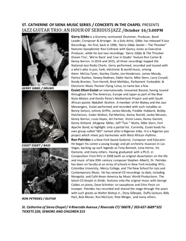 JAZZ GUITAR TRIO: an HOUR of SERIOUS JAZZ /October 16/3.00PM Gerry Gibbs Is a Grammy Nominated Drummer, Producer, Band Leader, Composer & Arranger