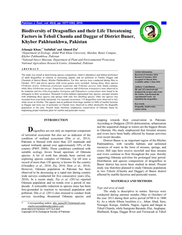 Biodiversity of Dragonflies and Their Life Threatening Factors in Tehsil Chamla and Daggar of District Buner, Khyber Pakhtunkhwa, Pakistan