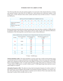 INTRODUCTION to CARBON-13 NMR the Following Table Shows The