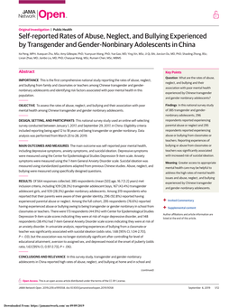Self-Reported Rates of Abuse, Neglect, and Bullying Experienced by Transgender and Gender-Nonbinary Adolescents in China