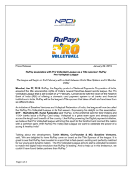 Of 2 Press Release January 22, 2019 Rupay Associates with Pro
