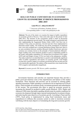 Role of Public Expenditure in Economic Growth: Econometric Evidence from Kosovo 2002–2015