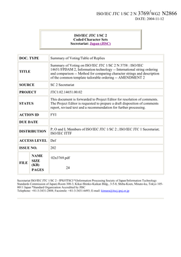 Iso/Iec Jtc 1/Sc 2 N 3769/Wg2 N2866 Date: 2004-11-12