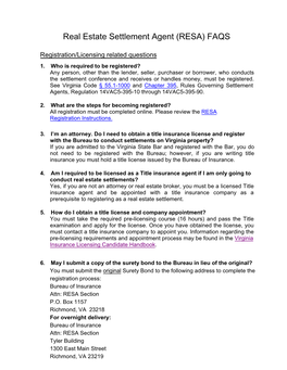 Real Estate Settlement Agent (RESA) FAQS