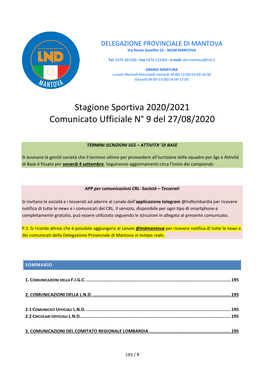 Stagione Sportiva 2020/2021 Comunicato Ufficiale N° 9 Del 27/08/2020