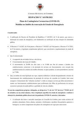 DESPACHO N.º 163/PR/2021 Plano De Contingência Coronavírus