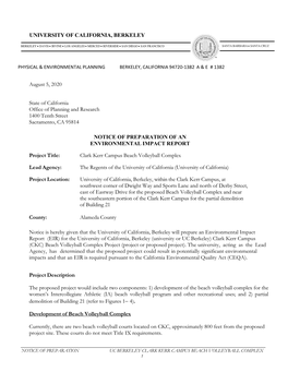 August 5, 2020 State of California Office of Planning and Research 1400 Tenth Street Sacramento, CA 95814 NOTICE of PREPARATION