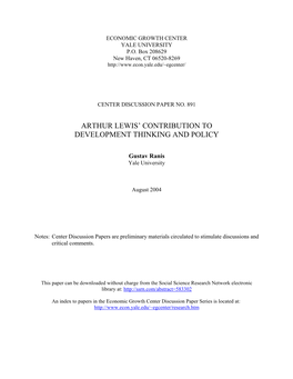 Arthur Lewis' Contribution to Development Thinking and Policy