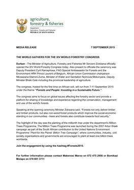 Media Release 7 September 2015 the World Gathers For