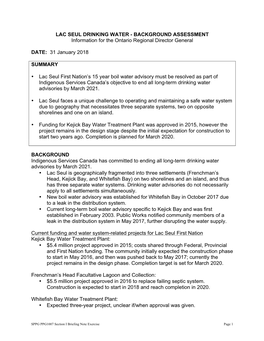 LAC SEUL DRINKING WATER - BACKGROUND ASSESSMENT Information for the Ontario Regional Director General