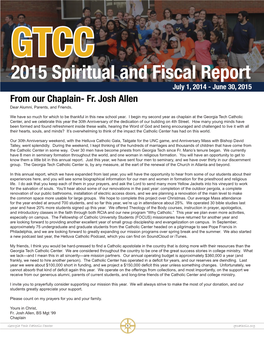 2015 Spiritual and Fiscal Report July 1, 2014 - June 30, 2015 from Our Chaplain- Fr