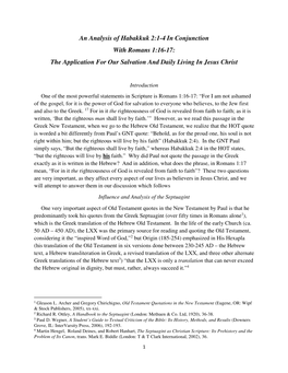 An Analysis of Habakkuk 2:1-4 in Conjunction with Romans 1:16-17: the Application for Our Salvation and Daily Living in Jesus Christ