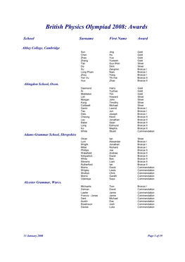 British Physics Olympiad 2008 Awards by School