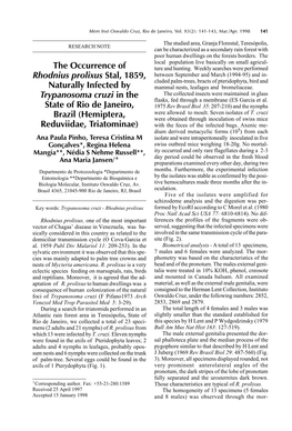 The Occurrence of Rhodnius Prolixus Stal, 1859, Naturally Infected By