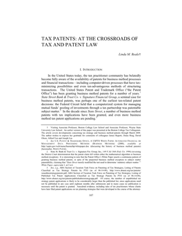 Tax Patents: at the Crossroads of Tax and Patent Law