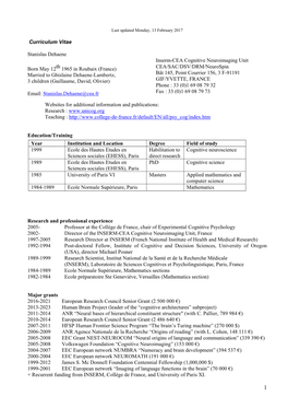 Curriculum Vitae Stanislas Dehaene Born May 12Th 1965 in Roubaix