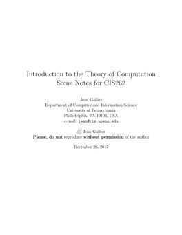 Introduction to the Theory of Computation Some Notes for CIS262