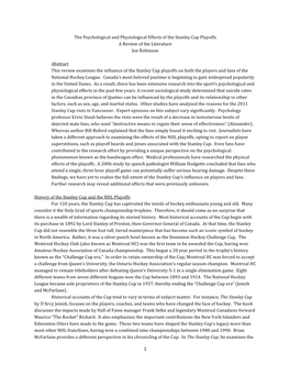 The Psychological and Physiological Effects of the Stanley Cup Playoffs a Review of the Literature Joe Robinson