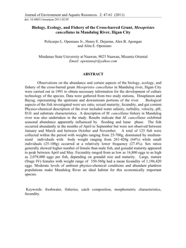 Biology, Ecology, and Fishery of the Cross-Barred Grunt, Mesopristes Cancellatus in Mandulog River, Iligan City