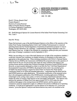 Letter from P. Kurkul, NMFS, to D. Wrona, NRC, Re: Draft Biological