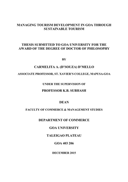 Managing Tourism Development in Goa Through Sustainable Tourism Thesis Submitted to Goa University for the Award of the Degree O