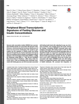 Peripheral Blood Transcriptomic Signatures of Fasting Glucose and Insulin Concentrations