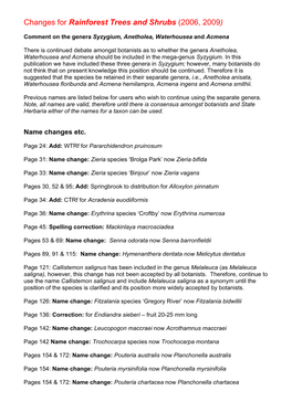 Changes for Rainforest Trees and Shrubs (2006, 2009)