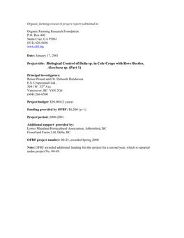 Biological Control of Delia Sp. in Cole Crops with Rove Beetles, Aleochara Sp