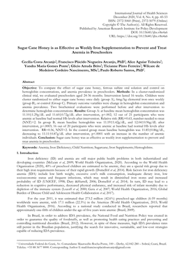 Sugar Cane Honey Is As Effective As Weekly Iron Supplementation to Prevent and Treat Anemia in Preschoolers
