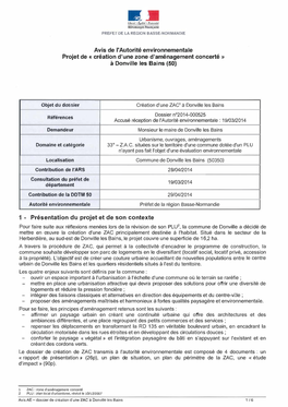Création D'une ZAC1 À Donville Les Bains Dossier N"2014-000525 Références Accusé Réception De L'autorité Environnementale: 19/03/2014