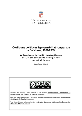 Coalicions Polítiques I Governabilitat Comparada a Catalunya, 1980-2003