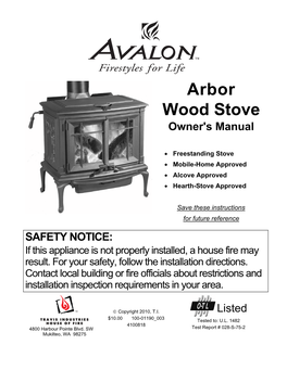 Arbor Wood Stove Owner's Manual