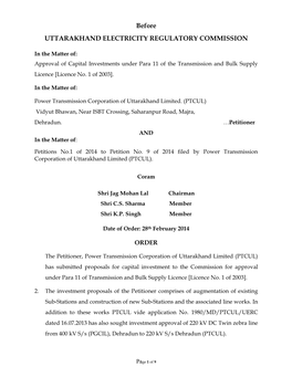 Before UTTARAKHAND ELECTRICITY REGULATORY