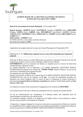 COMPTE RENDU DE LA RÉUNION Du CONSEIL MUNICIPAL Du Mercredi 15 Novembre 2017 À 20H00