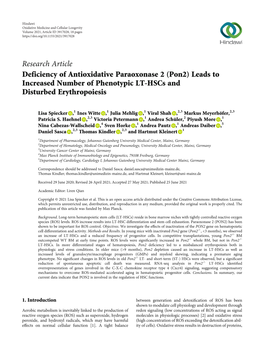 Deficiency of Antioxidative Paraoxonase 2 (Pon2) Leads to Increased Number of Phenotypic LT-Hscs and Disturbed Erythropoiesis