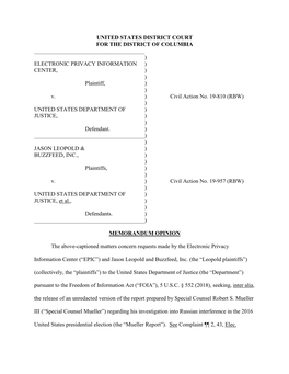 UNITED STATES DISTRICT COURT for the DISTRICT of COLUMBIA ______) ELECTRONIC PRIVACY INFORMATION ) CENTER, ) ) Plaintiff, ) ) V