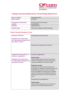 Great Yarmouth and Lowestoft Number: AL100585BA/3 Licensee: Anglian Radio Ltd Contact Name: Daniel Owen, Regulatory Affairs Manager