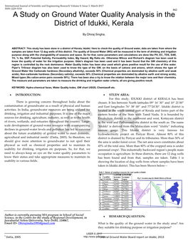 A Study on Ground Water Quality Analysis in the District of Idukki, Kerala