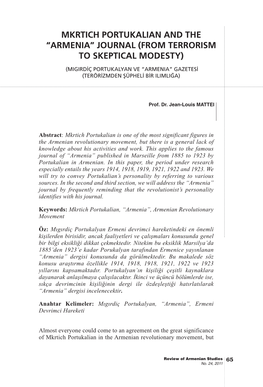 Armenia” Journal (From Terrorism to Skeptical Modesty) (Migirdiç Portukalyan Ve “Armenia” Gazetesi (Terörizmden Şüpheli Bir Ilimliğa)