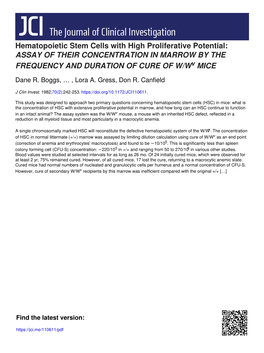 Hematopoietic Stem Cells with High Proliferative Potential: ASSAY of THEIR CONCENTRATION in MARROW by the FREQUENCY and DURATION of CURE of W/Wv MICE