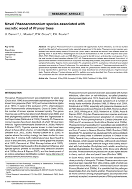 Novel <I>Phaeoacremonium</I> Species Associated with Necrotic Wood of <I>Prunus</I> Trees